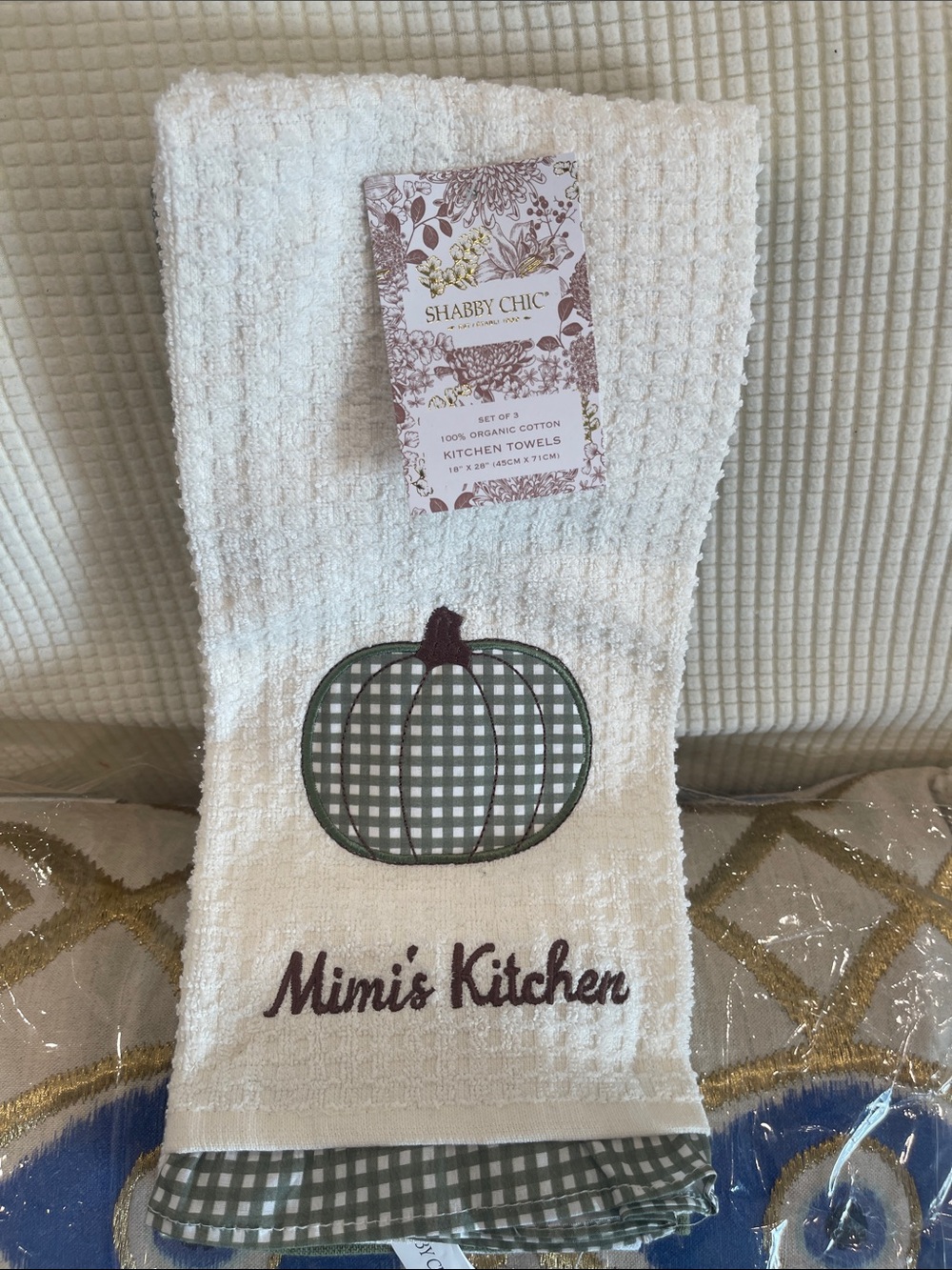 Shabby Chic White Kitchen Towel with Green Gingham Pumpkin and Brown Script